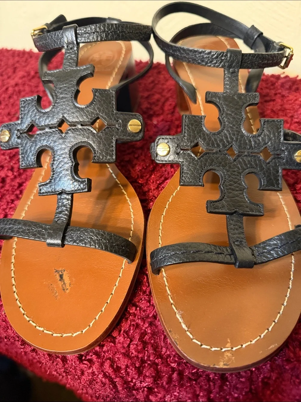 Tory Burch Black Leather T-Strap Phoebe Logo sandal Block Heel Sandals size 10
